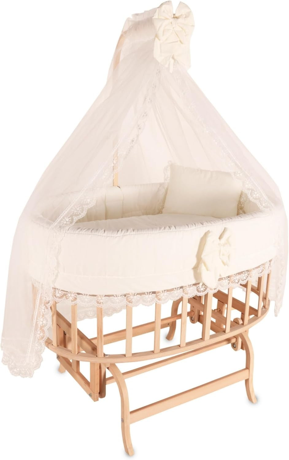 Wooden Baby Bassinet with Canopy, Natural Beech Cradle with Rocking & Locking Function, Includes 100% Cotton Bedding Set, Mattress, Pillow, Bumper, Mosquito Net, Baby Crib for Newborn to 24 Months