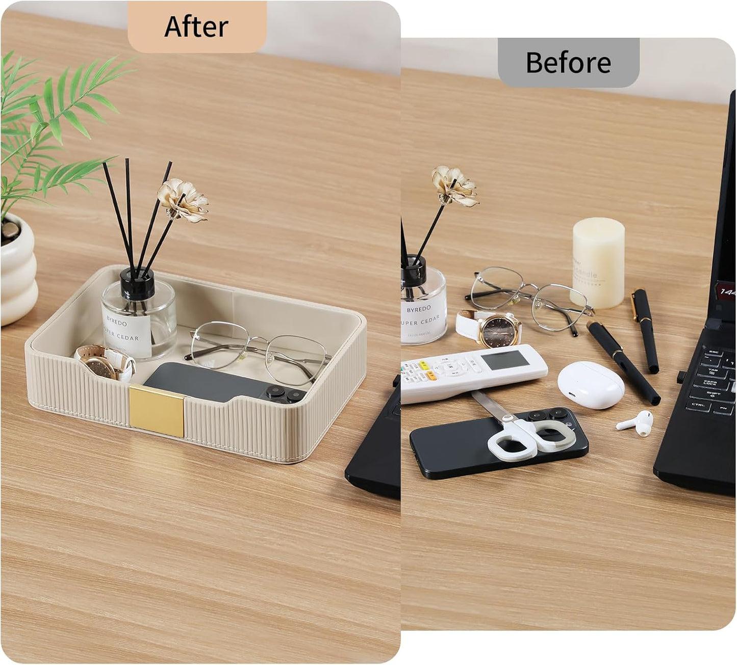 Valet Tray Desktop Storage Organizer, PU Leather Catchall Bedside Vanity Tray with Brass Accents Block Nightstand Organizer for Keys Watch Wallet Phone, Decorative Nightstand Storage (Beige)