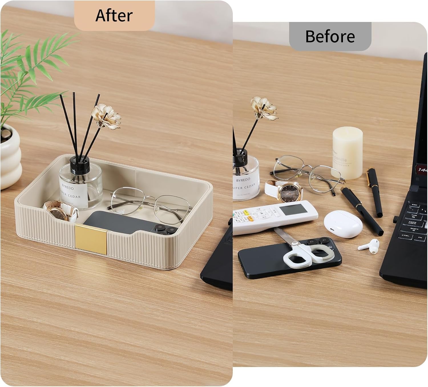 Valet Tray Desktop Storage Organizer, PU Leather Catchall Bedside Vanity Tray with Brass Accents Block Nightstand Organizer for Keys Watch Wallet Phone, Decorative Nightstand Storage (Beige)