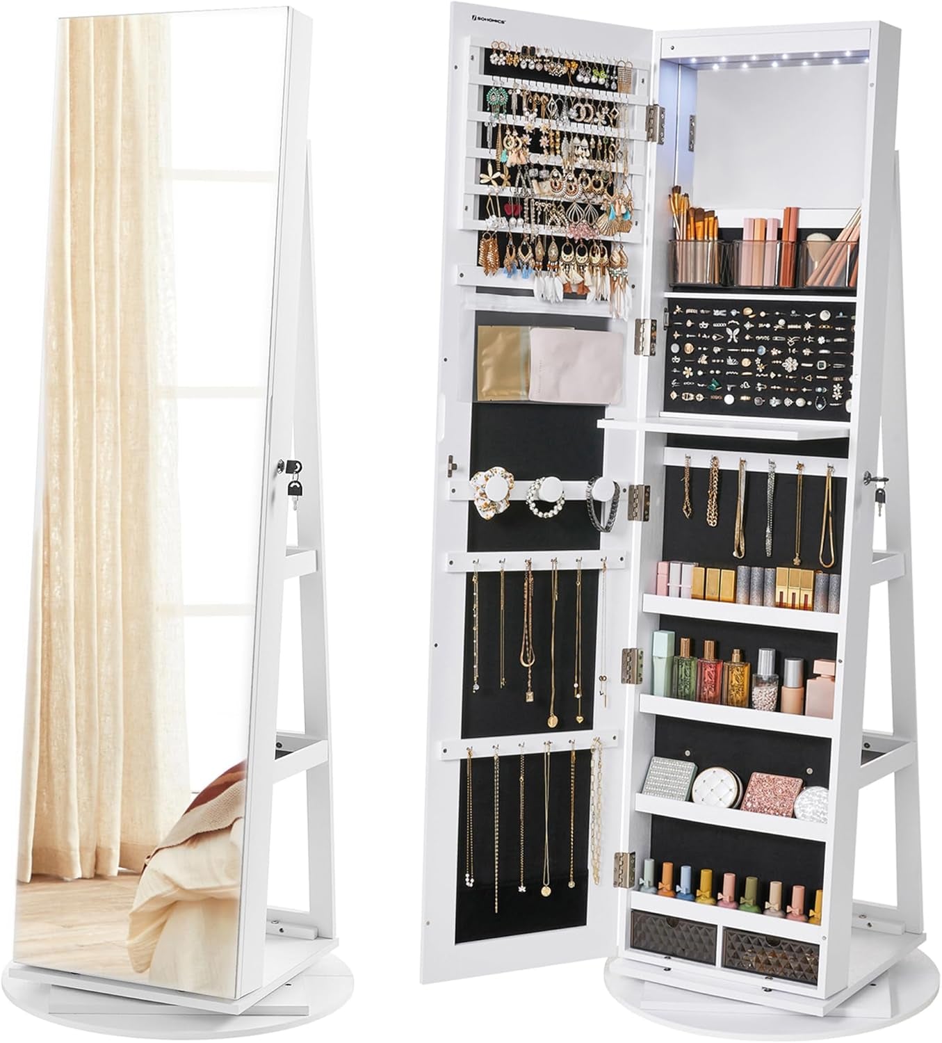6 Leds Lockable Mirror Jewelry Cabinet, 360° Swivel Jewelry Organizer Armoire Standing, Frameless Full-Length Mirror, 3 Storage Shelves, White Surface, Black Lining UJJC007W01