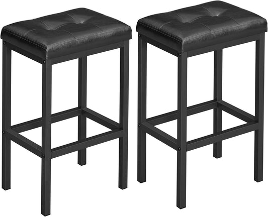 Bar Stools, Set of 2 PU Upholstered Breakfast Stool, 15.7 X 11.8 X 24.4 Inches, Backless, Simple Assembly, Industrial, Dining Room Kitchen Counter Bar, Black Seat and Black Frame ULBC068B81