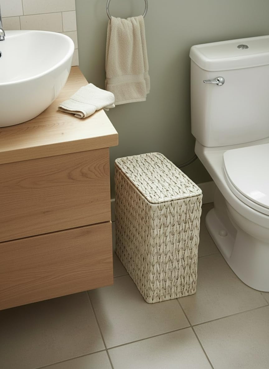 Wicker Trash Can with Lid and Liner,Boho Decotative Small Bathroom Trash Cans,Waterproof Slim Waste Basket for Bedroom,Home Office,3 Gallon