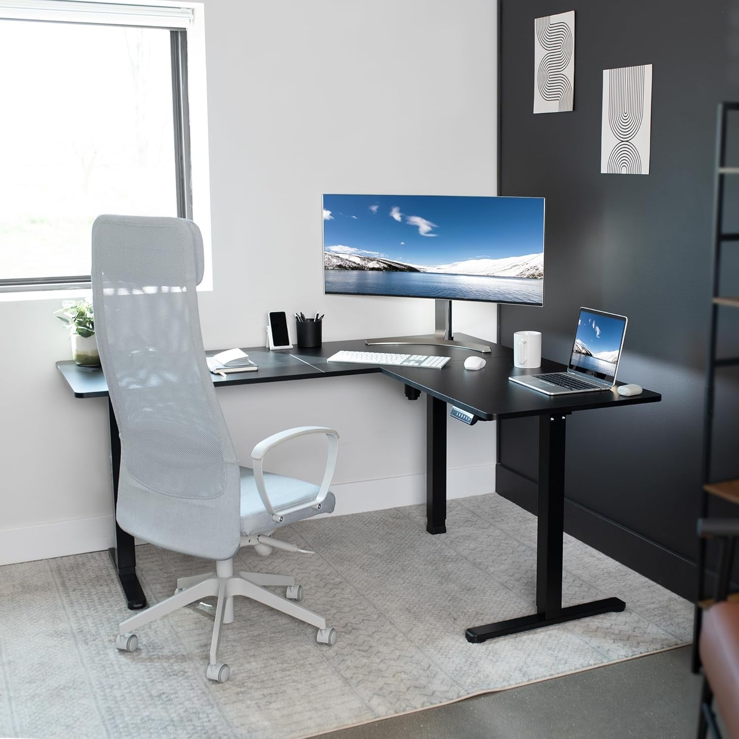 Corner Standing Desk, 63 X 55 Inch Reversible L-Shaped Workstation, Electric Height Adjustment, Home, Office, and Reception Rooms, Black Table Top Black Frame, DESK-E3CTB