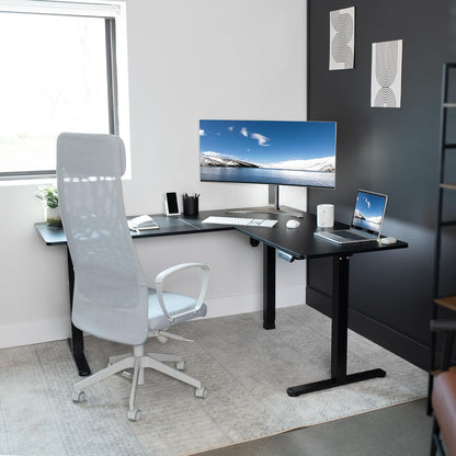 Corner Standing Desk, 63 X 55 Inch Reversible L-Shaped Workstation, Electric Height Adjustment, Home, Office, and Reception Rooms, Black Table Top Black Frame, DESK-E3CTB