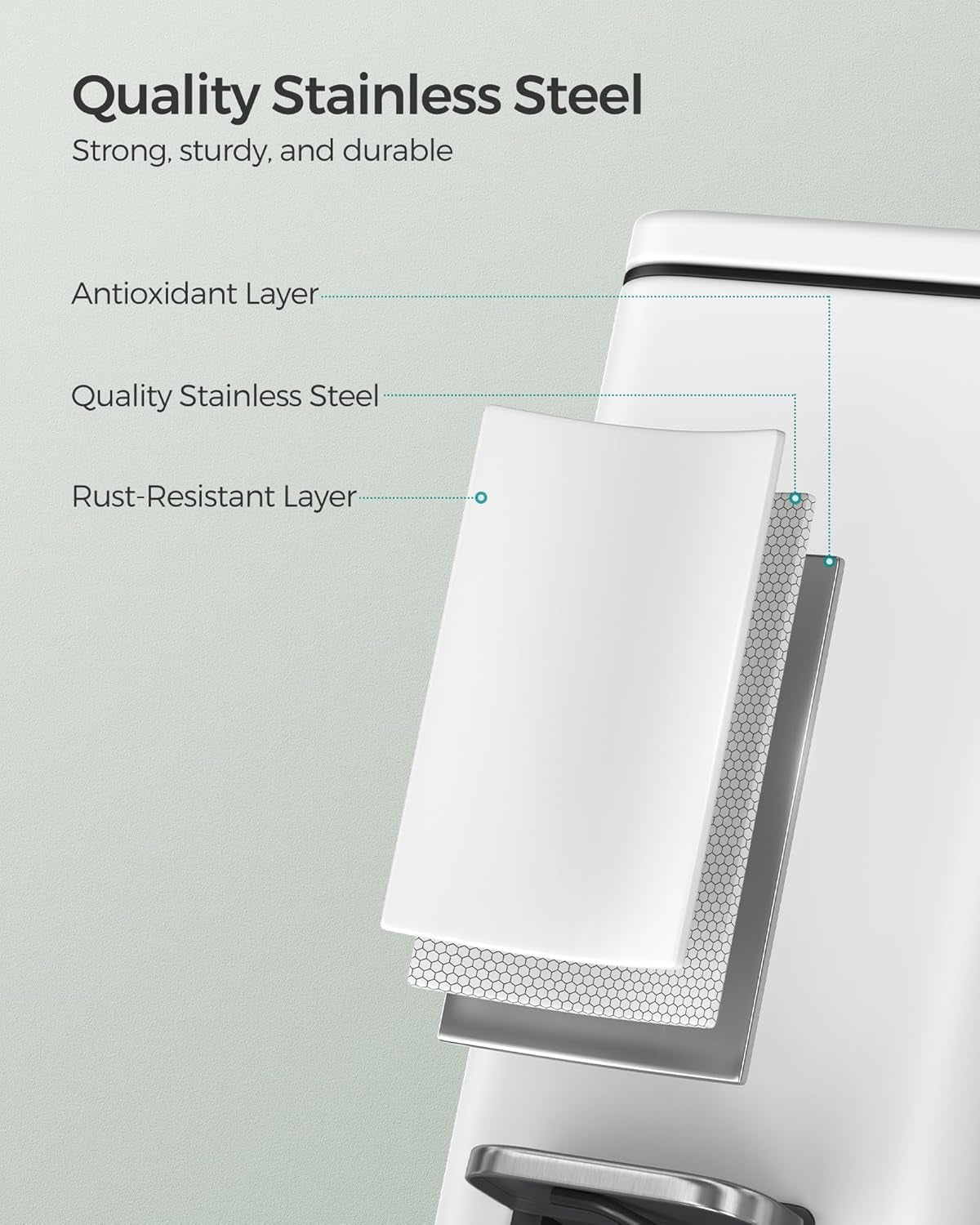 Bathroom Trash Can, 1.3 Gallon (5 L) Small Trash Bin with Lid, Slim for Small Spaces, Stainless Steel Garbage Can, Soft Close, White ULTB560W05
