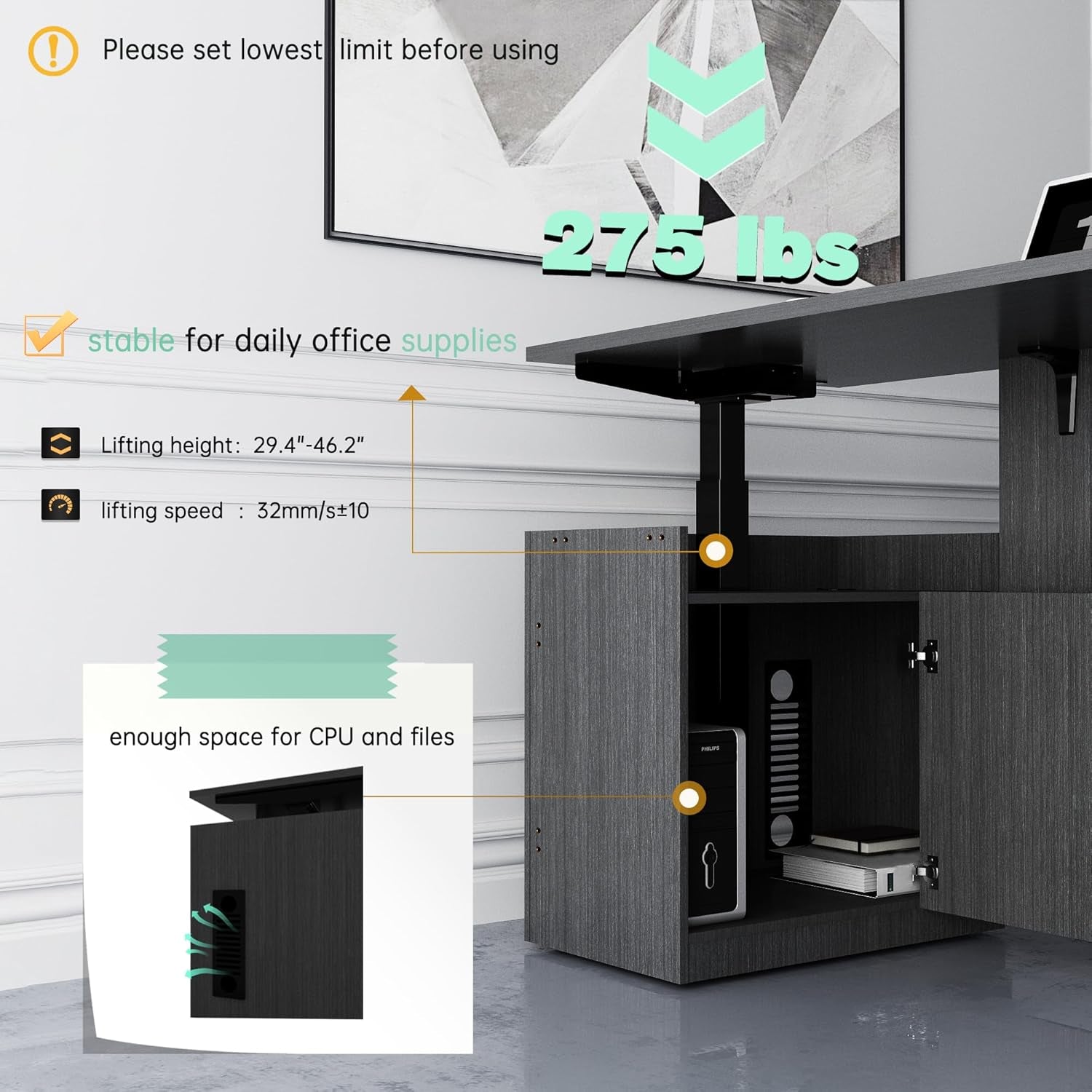66.93'' L Shaped Executive Standing Desk with Pre-Assembled Frame & Lockable Cabinets, Height Adjustable Desk Dual-Motor Sit-Stand Workstation for Corporate & Home Office (Grey)