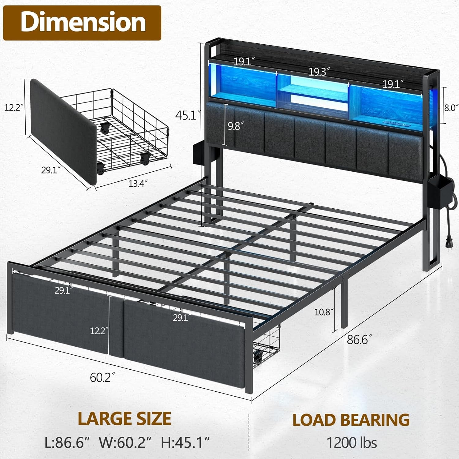 Queen Bed Frame with Storage Drawers, Upholstered Headboard with Storage Shelf, LED Lights and Charging Station, Metal Platform Bed Frame Queen Size, Noise Free, No Box Spring Needed, Black