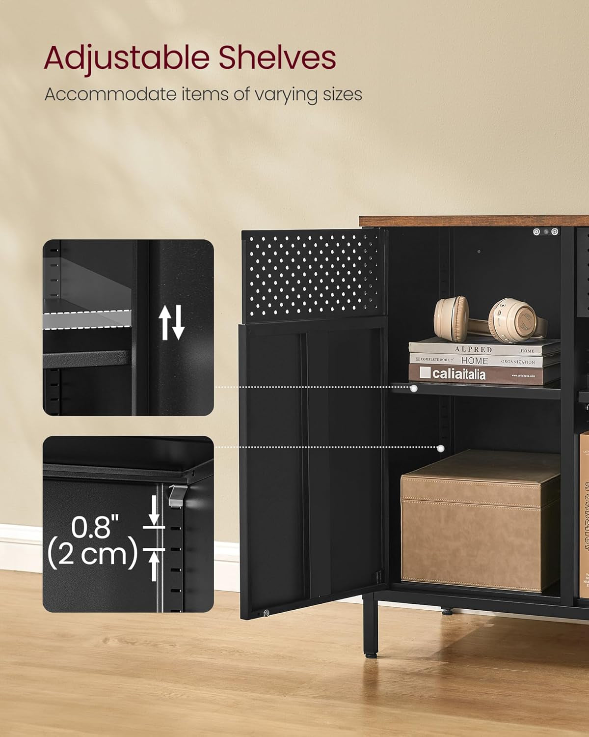 Storage Cabinet, Metal Cabinet, Sideboard with 2 Doors, 15.7 X 43.3 X 29.9 Inches, Magnetic Closure, Adjustable Shelves, Steel Frame, Rustic Brown and Matte Black ULSC204B01
