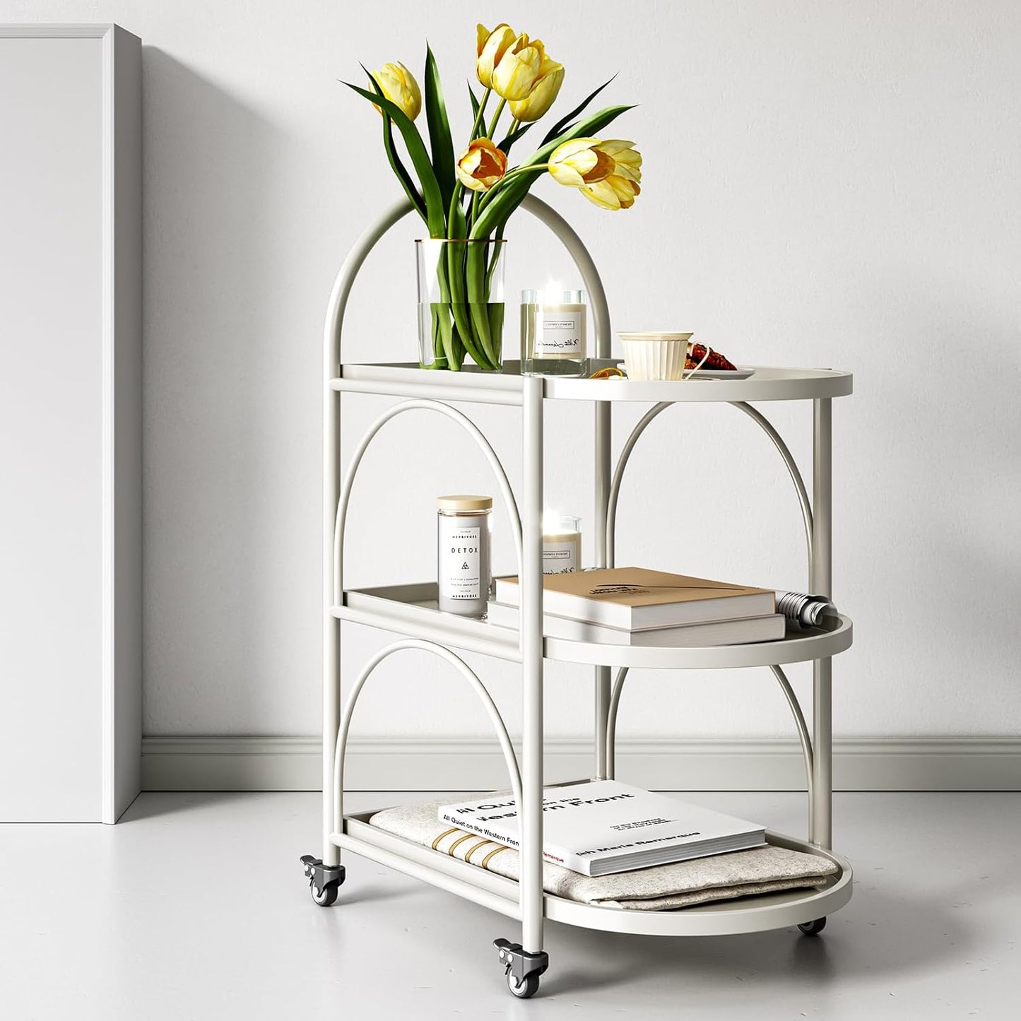Bar Cart,Metal Serving Cart for the Home,Small Coffee Cart,Drink Cart,Beverage Cart with Lockable Wheels,Mobile Rolling Cart for Kitchen Living Room (White)