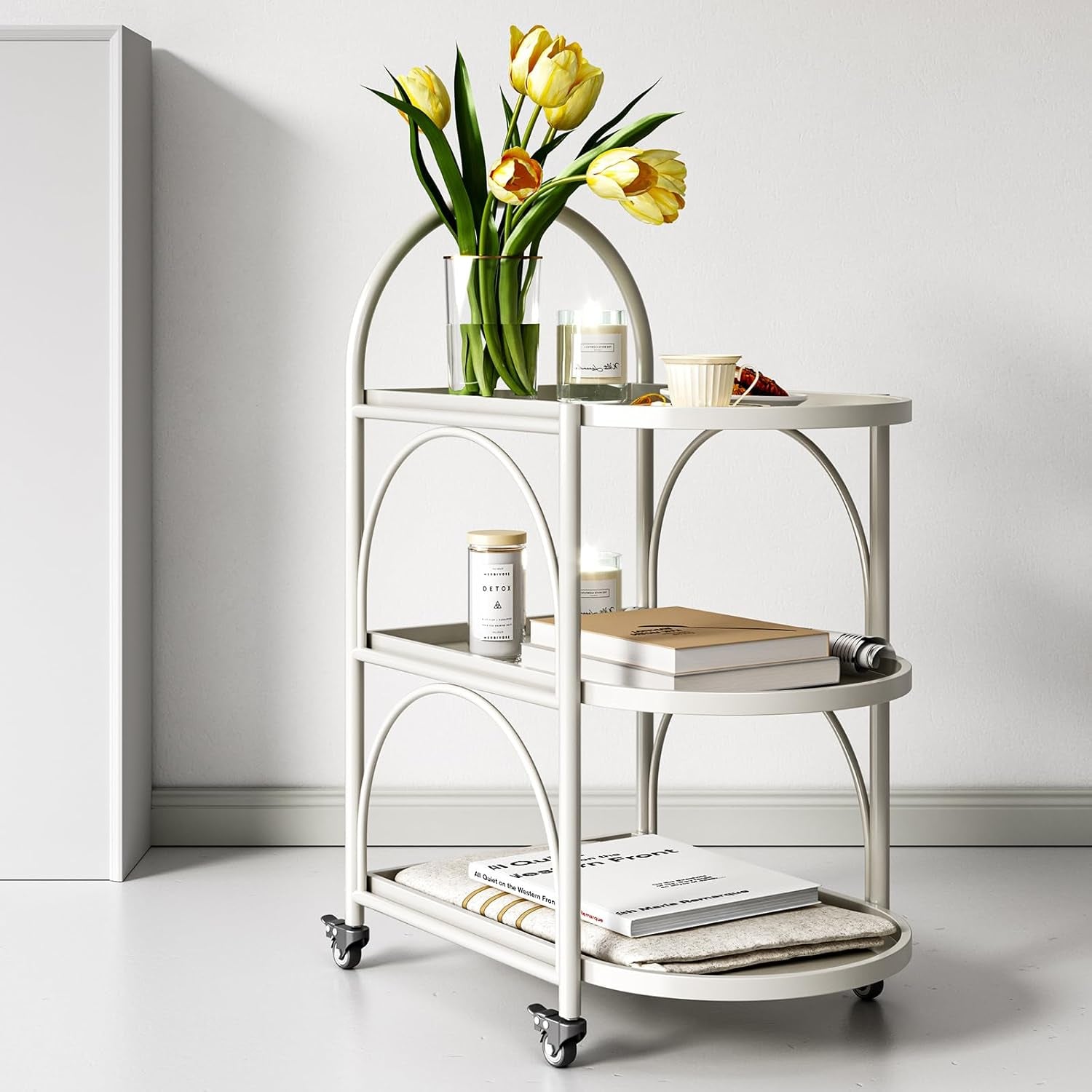 Bar Cart,Metal Serving Cart for the Home,Small Coffee Cart,Drink Cart,Beverage Cart with Lockable Wheels,Mobile Rolling Cart for Kitchen Living Room (White)