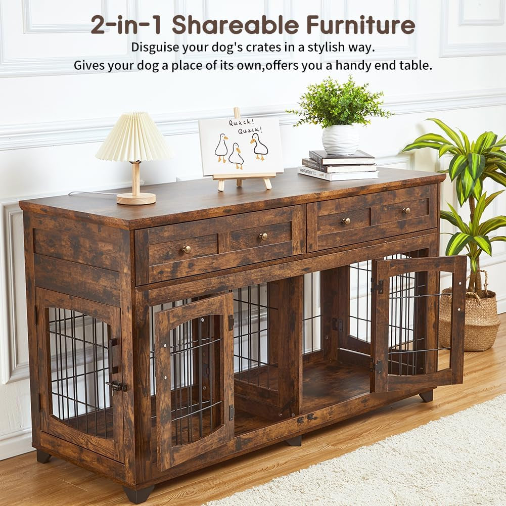 2 Dog Crate Furniture for Large Breeds,Large Dog Kennel Furniture TV Stand,58" Wooden Dog Kennel End Table with Drawers,Double Dog House with Divider