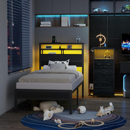 Twin Bed Frames with Charging Station and LED Lights, Wood Headboard with 2 Fabric Drawers and Storage Shelves, Twin Size Platform Bed with Metal Slats, No Box Spring Needed, Black Oak