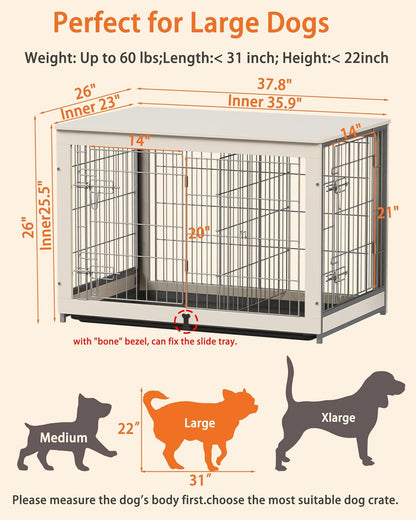 Wooden Dog Crate Furniture with Divider Panel, Dog Crate End Table with Fixable Slide Tray, Double Doors Dog Kennel Indoor for Dogs(Xl:43.2" L * 28.6" W * 30.3" H,White)