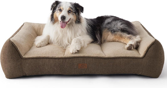 XL Orthopedic Dog Beds Large Sized Dog - Extra Thick Supportive Dogs Couch with Waterproof Washable Cover, Extra Large Comfort Pet Bed Sofa with Soft Plush Sherpa and Nonskid Bottom, Brown