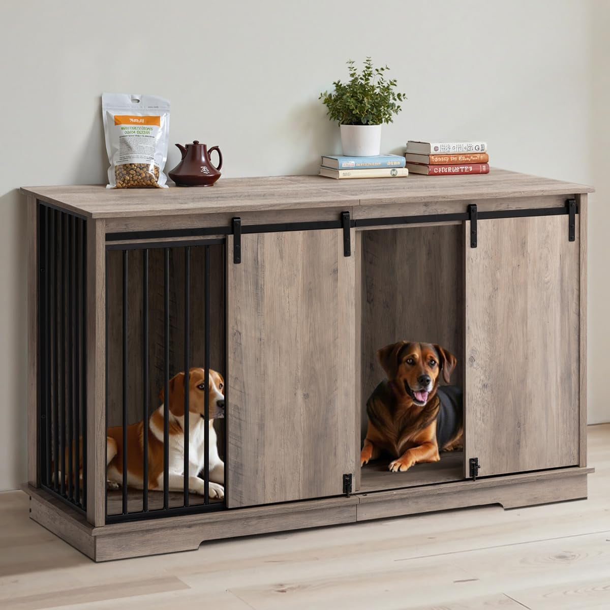 Dog Crate Furniture for 2 Dogs, 60.6 Inch Extra Large Wooden Dog Kennel Furniture with Removable Divider and Double Sliding Doors, TV Stand, Side Table, Gray