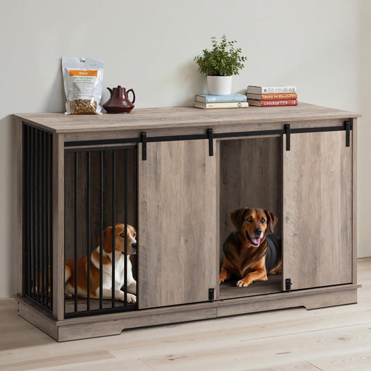 Dog Crate Furniture for 2 Dogs, 60.6 Inch Extra Large Wooden Dog Kennel Furniture with Removable Divider and Double Sliding Doors, TV Stand, Side Table, Gray