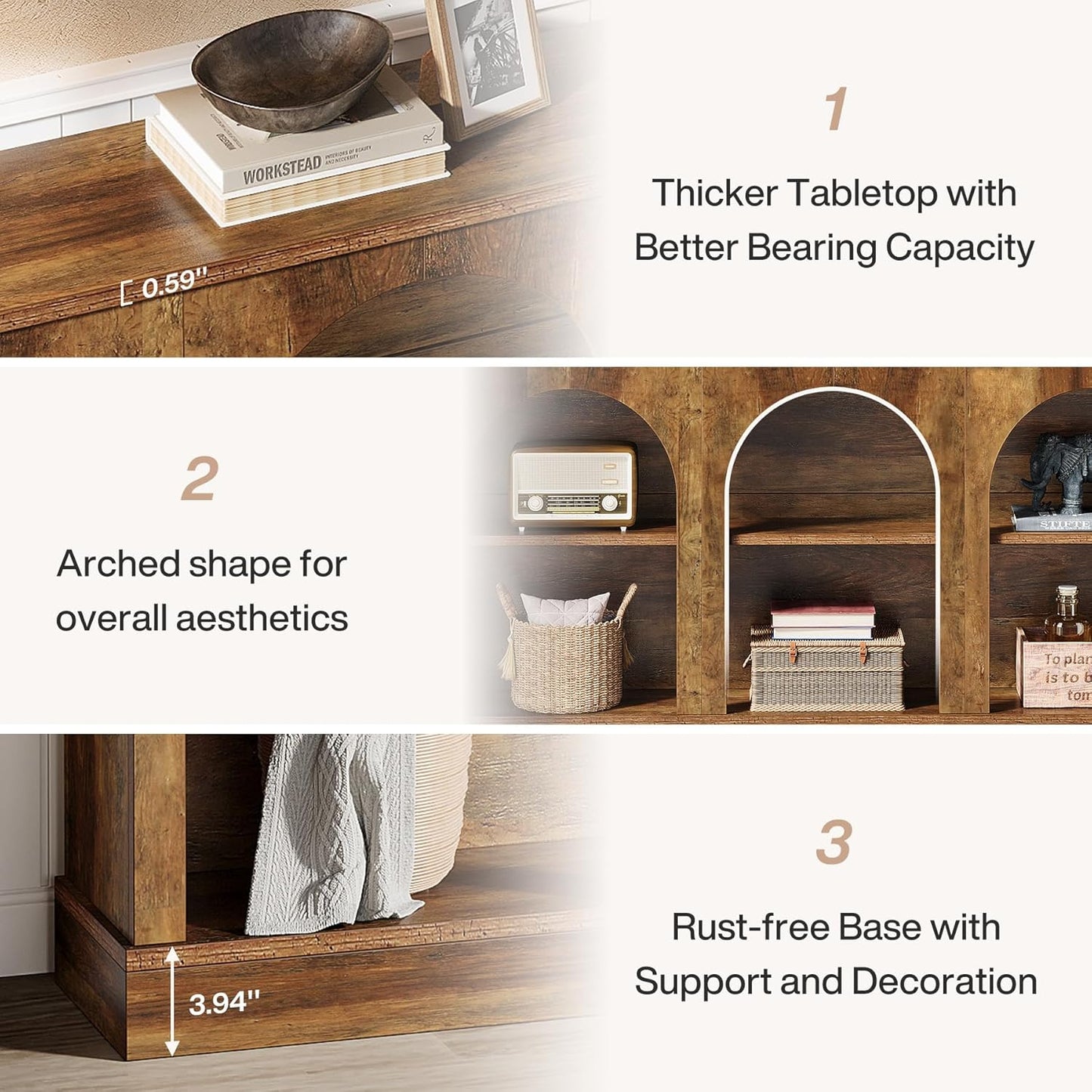 Farmhouse Console Table, 63-Inch Long Entryway Table with 3 Tier Storage, Wooden Rectangular Sofa Table behind the Couch for Entrance, Hallway, Living Room, Brown