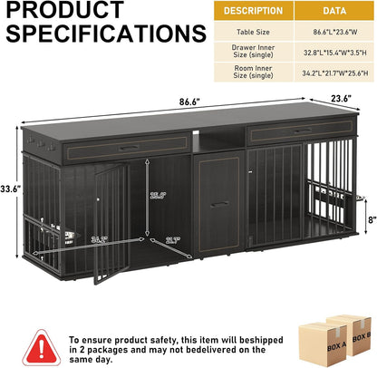 86.6" Dog Crate Furniture Large Breed TV Stand with Double Rooms, Wooden Dog Kennel Furniture with Dog Bowl, 2 Drawers and Cabinet for Large Medium Dogs, Black