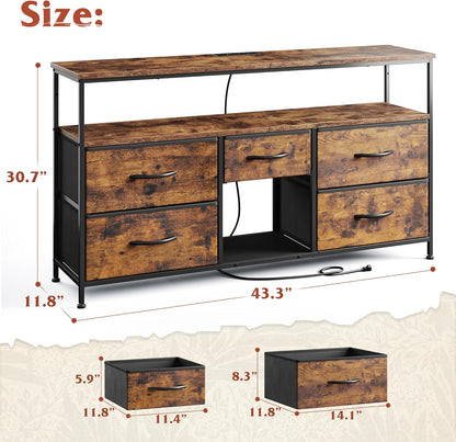TV Stand for 50" Inch TV, Entertainment Center with LED Lights & Power Outlets, 5 Drawers Dresser for Bedroom Dresser with Shelves for Living Room, Hallway, Rustic Brown