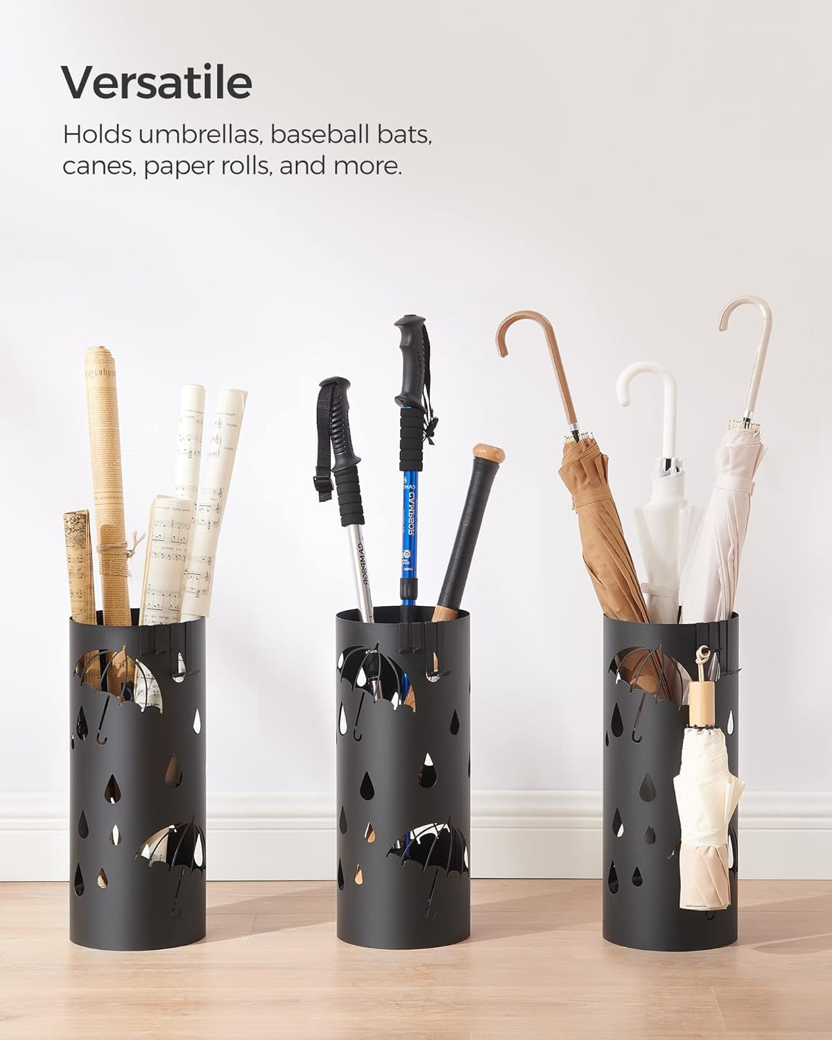 Umbrella Stand, Metal Umbrella Holder for Entryway, with Water Tray and 4 Hooks, 6.7 X 6.7 X 16.1 Inches, Round, Ink Black ULUC024B01