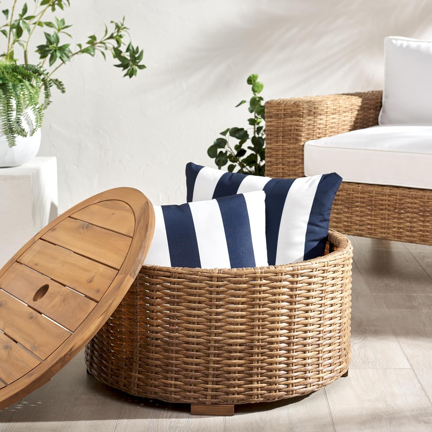 Couture Collection – Anguilla Faux Wicker Indoor/Outdoor Storage Coffee Table, Fully Assembled, Natural Brown Patio Accent Table with Removable Wood Top (CPT2103A)