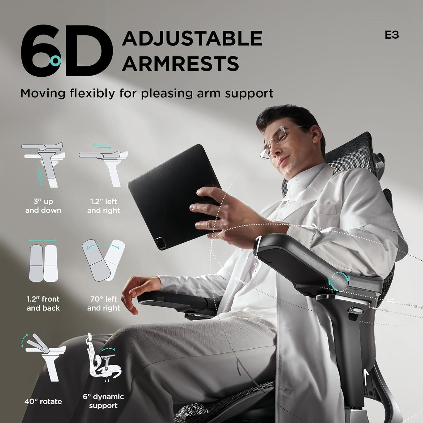 E3 Pro Ergonomic Office Chair, Big and Tall Office Chair - with 3-Zone Dynamic Lumbar Support, 4D Adjustable Headrest, 6D Adjustable Armrests, Swivel, Black