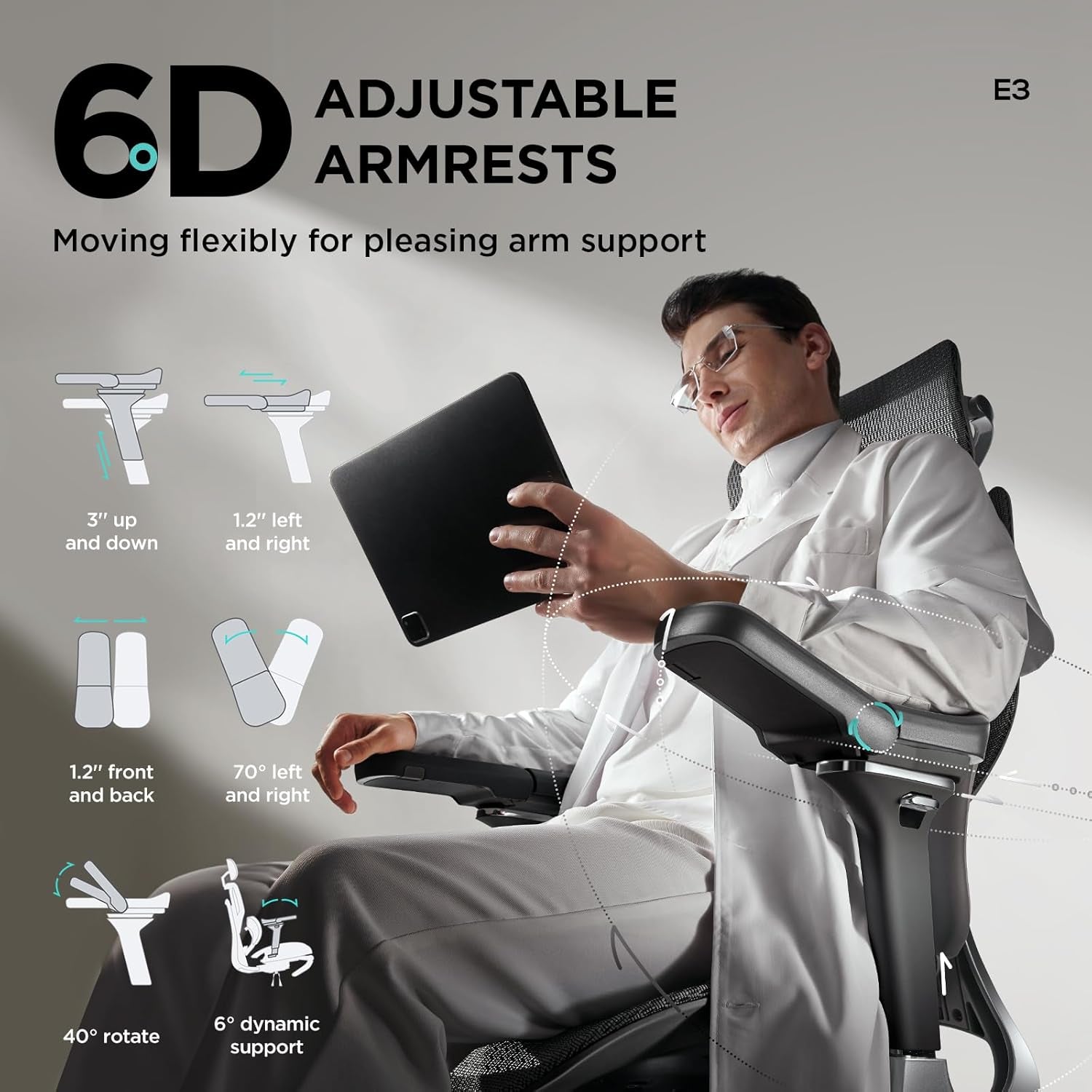 E3 Pro Ergonomic Office Chair, Big and Tall Office Chair - with 3-Zone Dynamic Lumbar Support, 4D Adjustable Headrest, 6D Adjustable Armrests, Swivel, Black