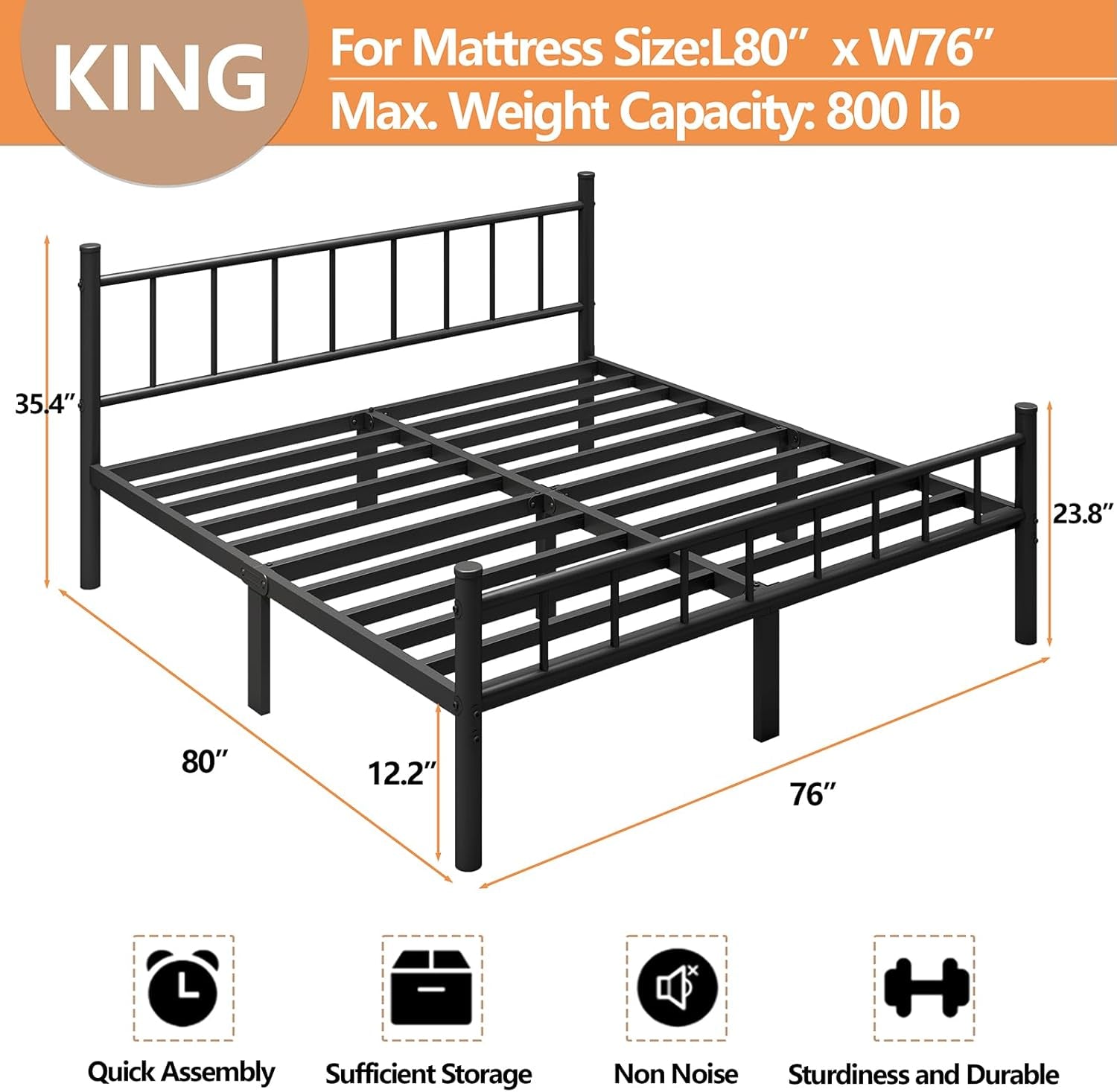 King Size Metal Bed Frame with Headboard & Footboard 14 Inch Metal Platform Mattress Foundation Support with Steel Slat, under Bed Storage, No Box Spring Needed