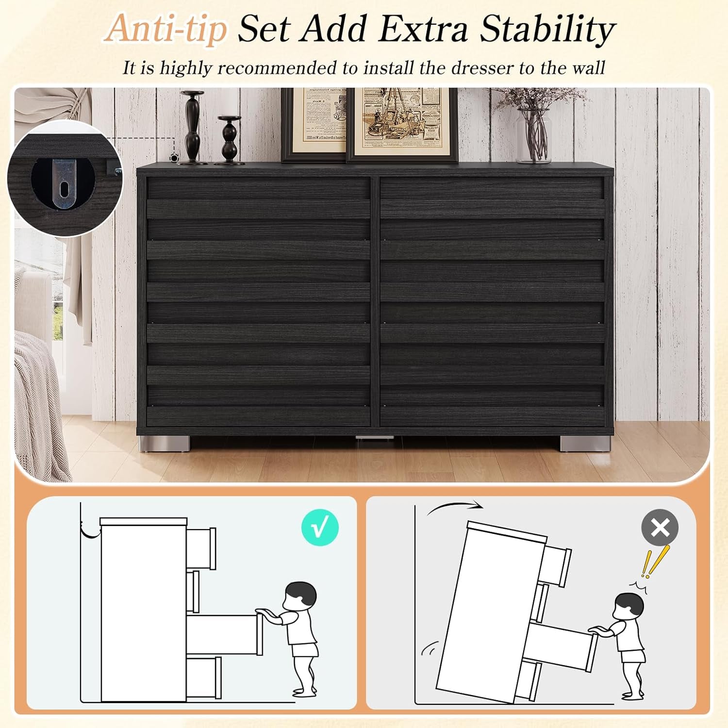 3 Pcs Bedroom Furniture Set - Includes Farmhouse 6 Drawer Dresser and Nightstand Sets of 2 with Charging Station, Slated Handles & Stainless Steel Feet, Black