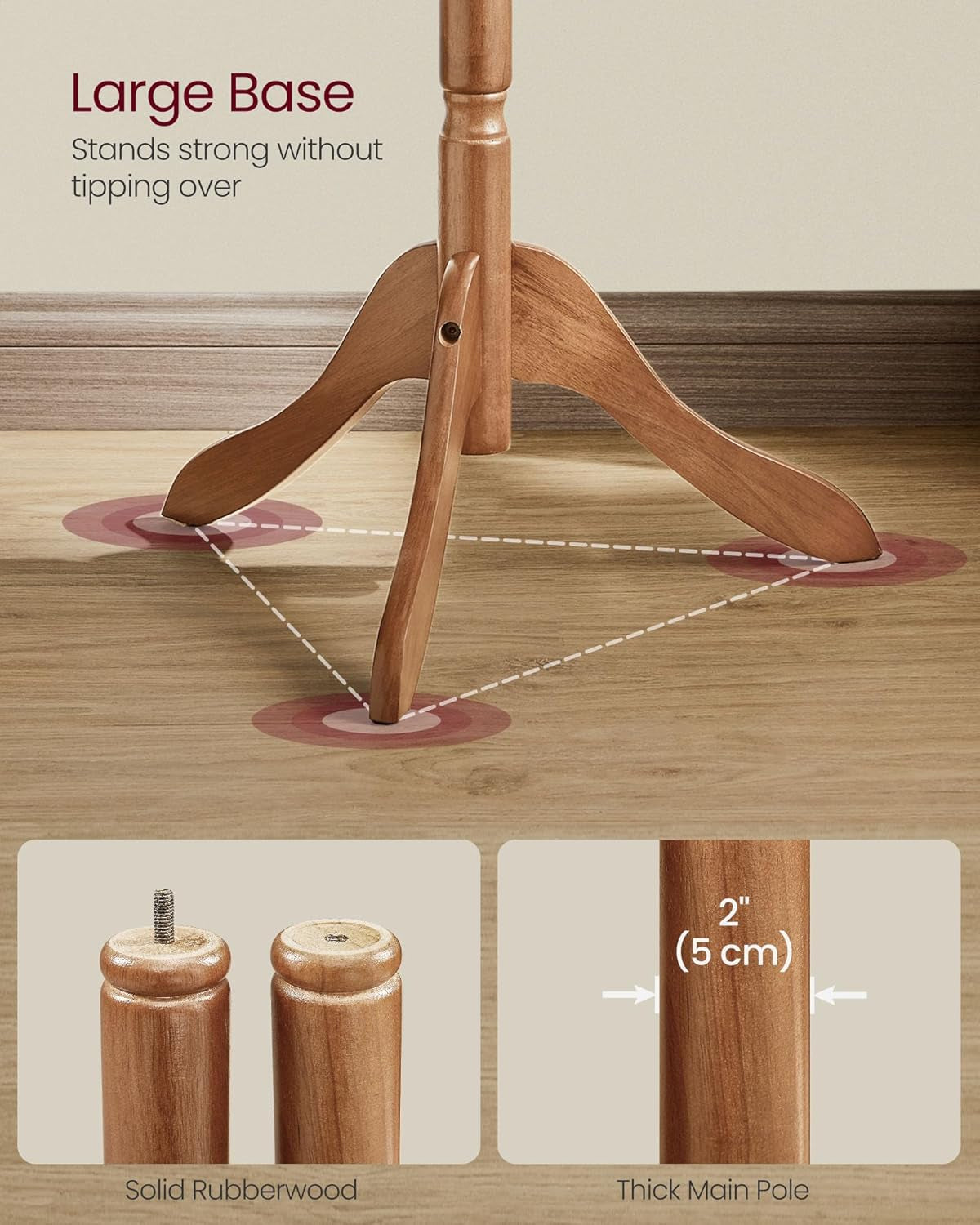 Solid Wood Coat Rack and Stand, Free Standing Hall Coat Tree with 10 Hooks for Hats, Bags, Purses, for Entryway, Hallway, Rubberwood, Caramel Brown URCR03WN