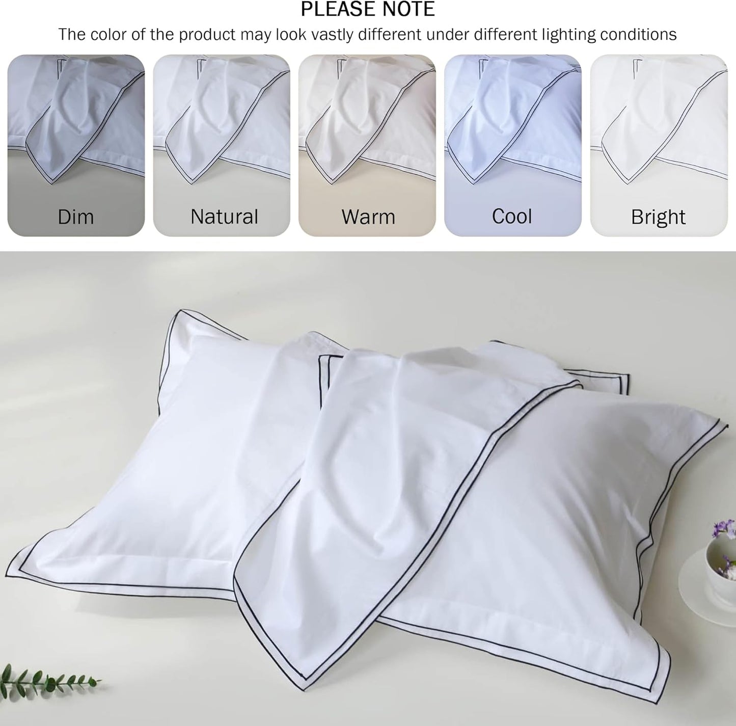 Set of 2 Elegant Embroidery Pillowcases, King Size, 100% Cotton - White Good Feeling Shams, Elegant Trims, Softer and Breathable Pillow Covers, 20X36 Inches