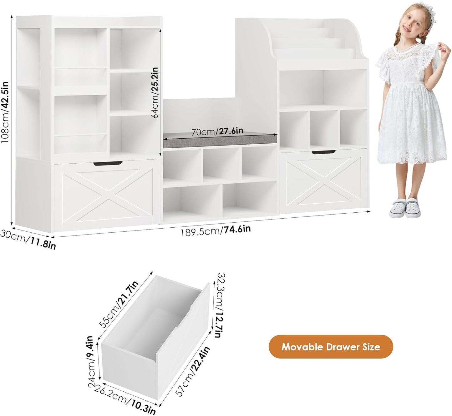 75” W Kids Bookshelf with Reading Nook, Large Toy Storage Toy Organizer with Seat Cushion and 2 Movable Drawers, Kids Reading Nook Kid Bench for Playroom Living Room, White