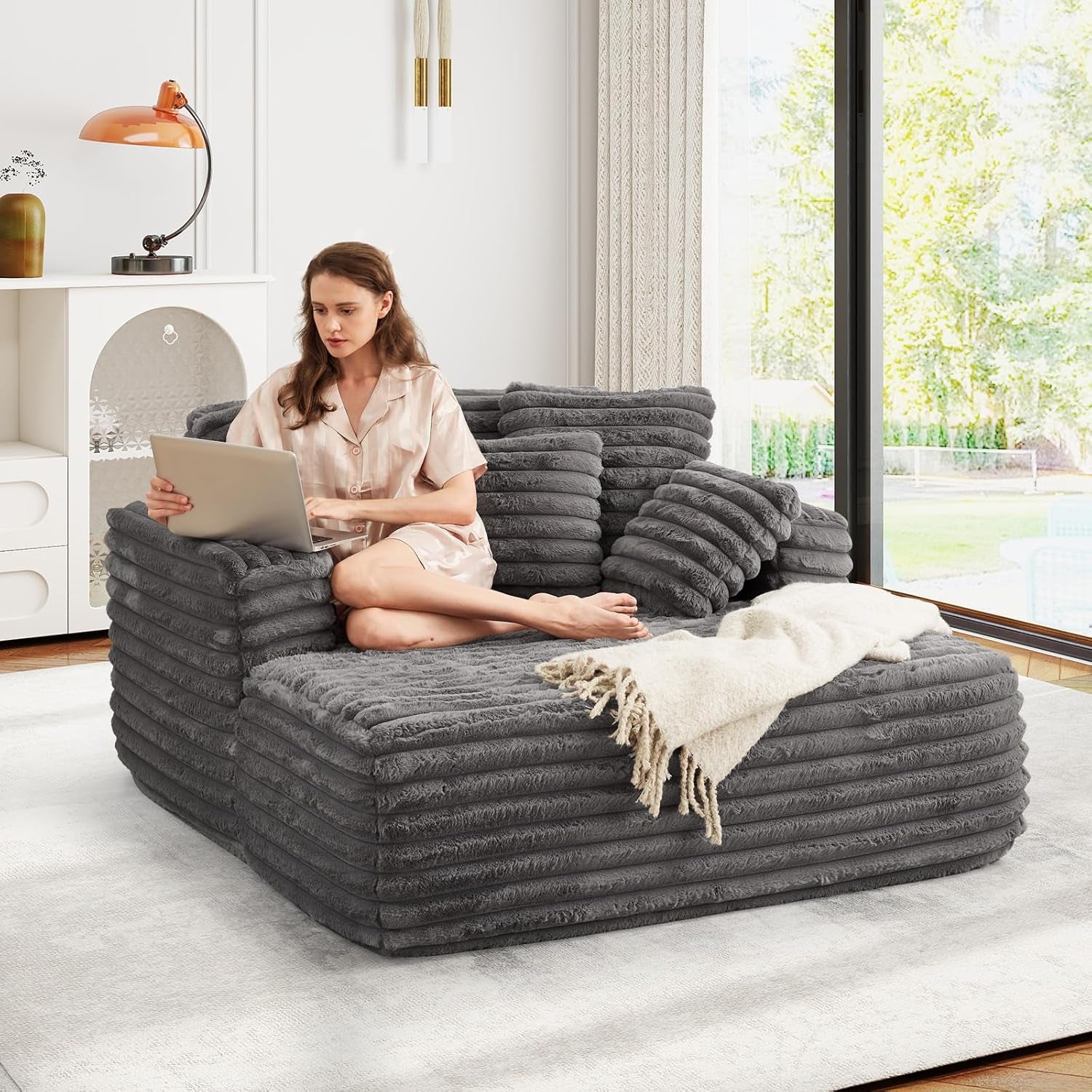56" Oversized Chaise Lounge Chair Indoor,Plush Faux Fur Sleeper Sofa Couch Bed with Pillows&Wide Armrests,Fluffy Comfy Cloud Couch,Compression Foam Couch for Living Room,Bedroom(Grey)