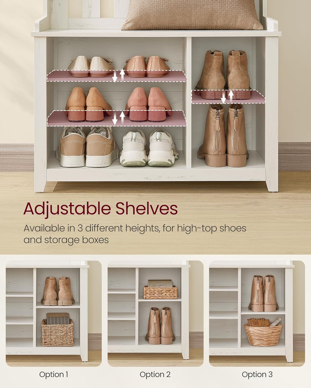 Hall Tree with Bench and Shoe Storage, Coat Rack with Shoe Bench, 7 Double Hooks for Jackets, Hats, Entryway, Bedroom, Living Room, 13.8 X 31.9 X 70.9 Inches, Rustic White UHSR414W01