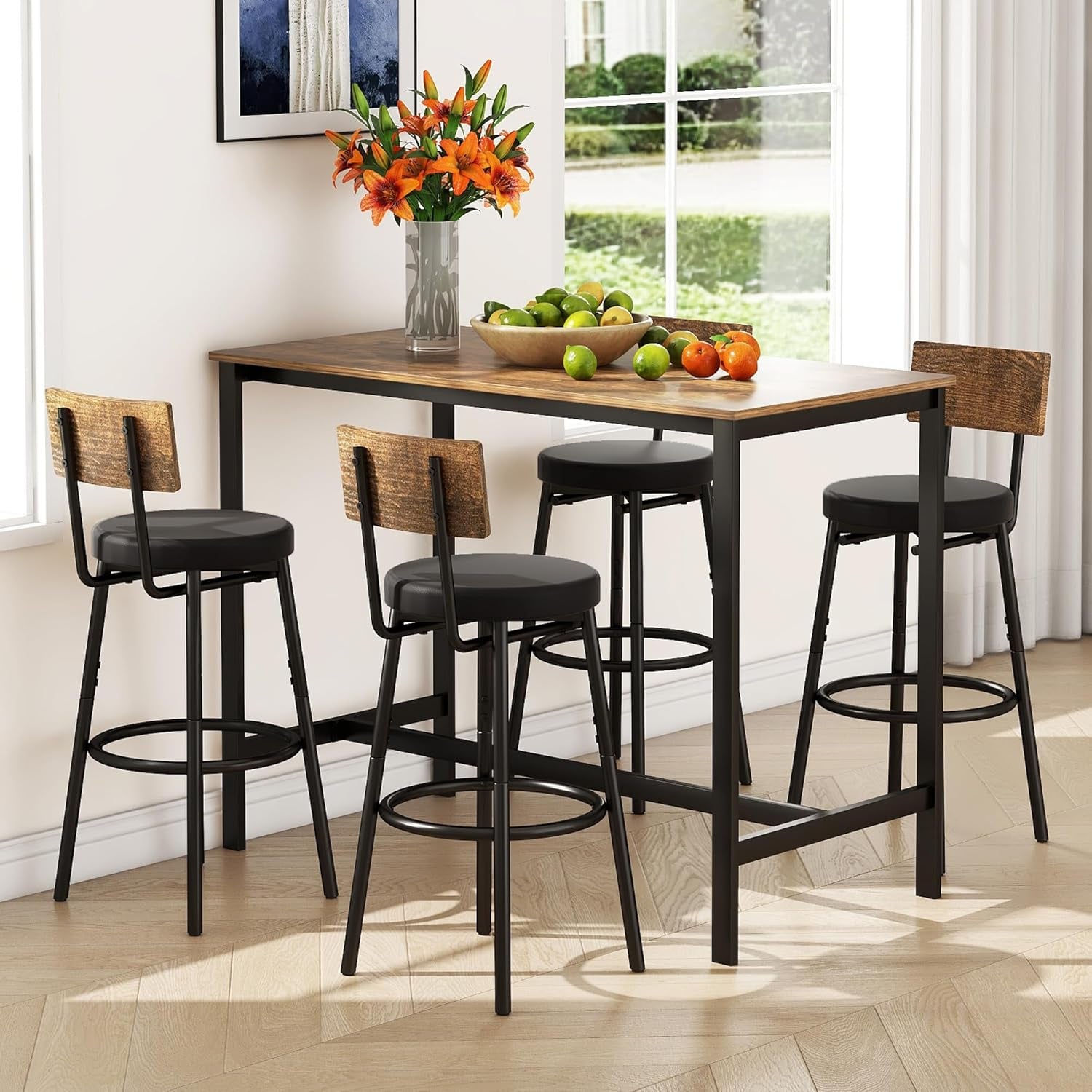 Bar Table and Chairs Set of 4, 5 Piece Counter Height High Breakfast Table Chairs Set of 4 for Dining Room, Brown