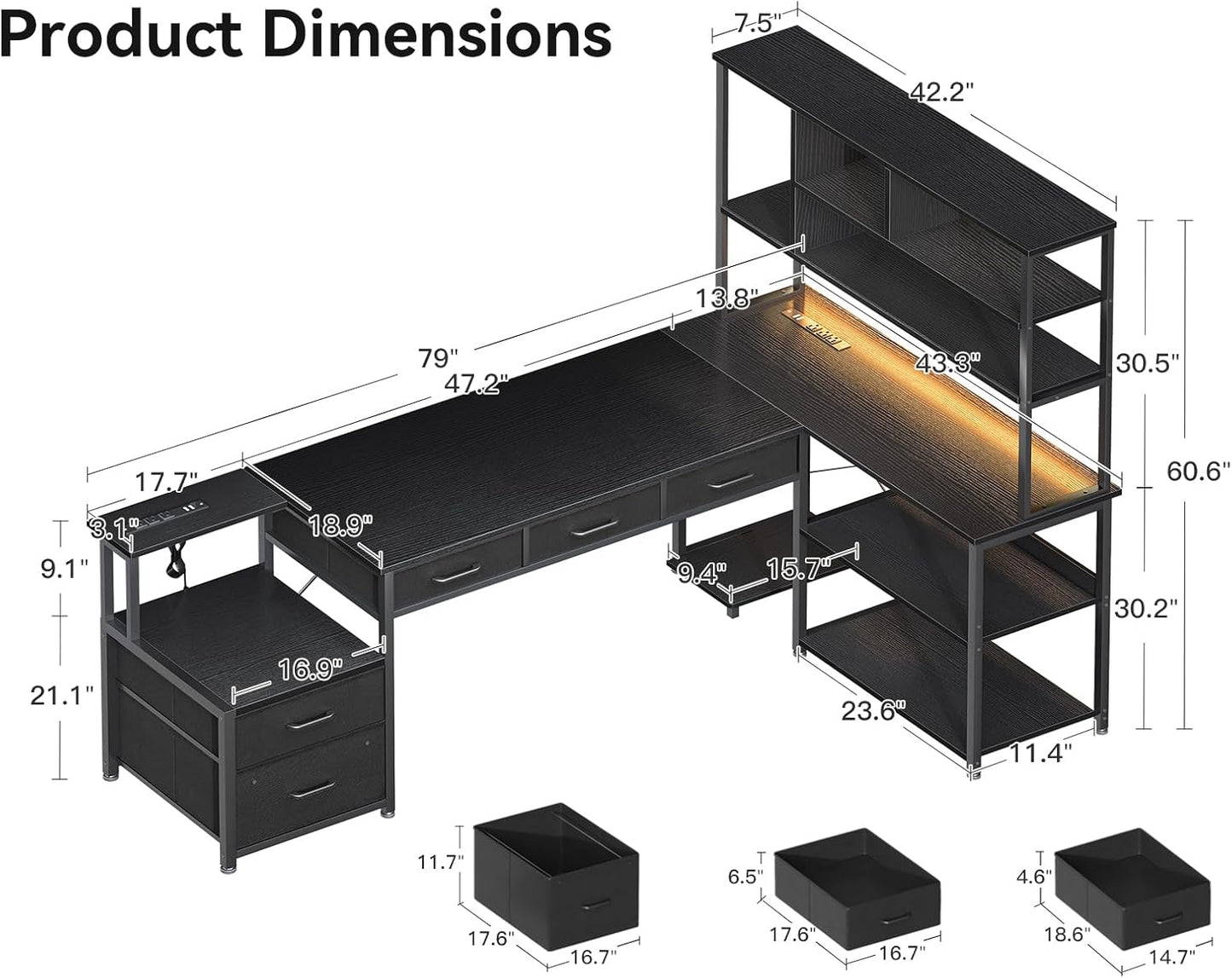 79 Inch L Shaped Desk with 5 Drawers, Reversible L Shaped Gaming Desk with LED Light & 2 Power Outlets, Computer Desk with Storage Shelves for Home Office, Black