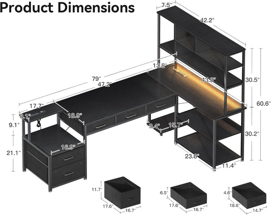 79 Inch L Shaped Desk with 5 Drawers, Reversible L Shaped Gaming Desk with LED Light & 2 Power Outlets, Computer Desk with Storage Shelves for Home Office, Black
