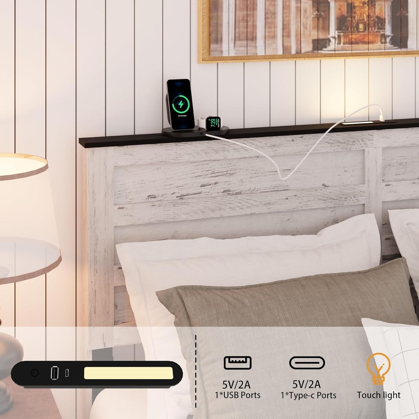 Wooden Full Size Bed Frame with Headboard – Boho White Rustic Farmhouse Storage Platform Bed with Charging Station & Sliding Barn Door Footboard, No Box Spring Needed, Noise-Free, Solid Wood Slats