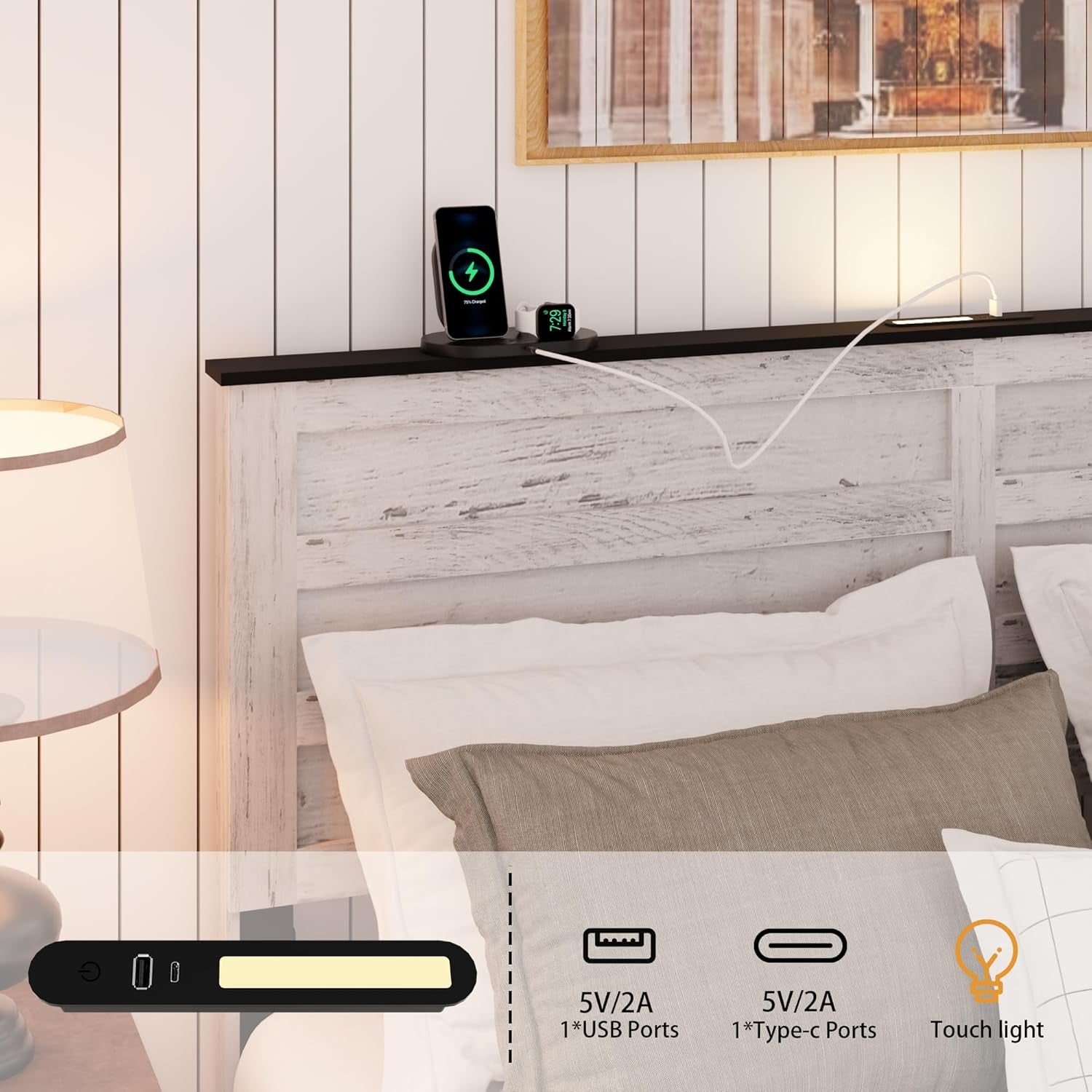 Wooden Full Size Bed Frame with Headboard – Boho White Rustic Farmhouse Storage Platform Bed with Charging Station & Sliding Barn Door Footboard, No Box Spring Needed, Noise-Free, Solid Wood Slats