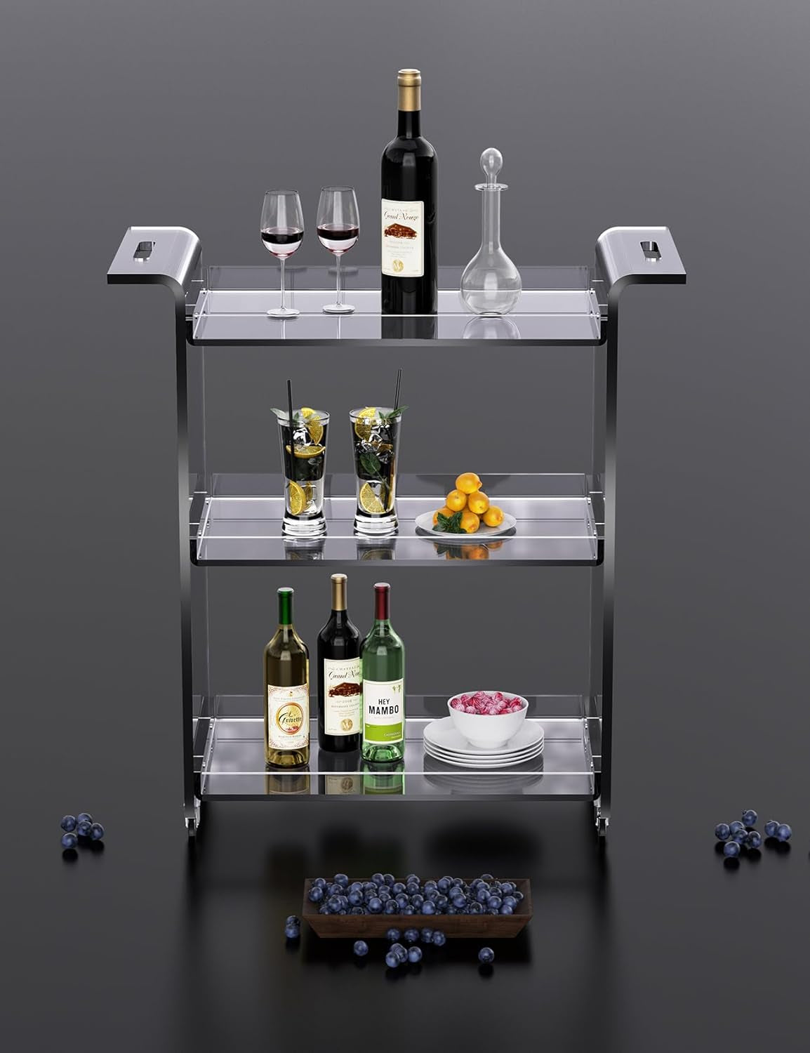 Acrylic Bar Cart, Serving Cart with Wheels Rolling Cart (Large)