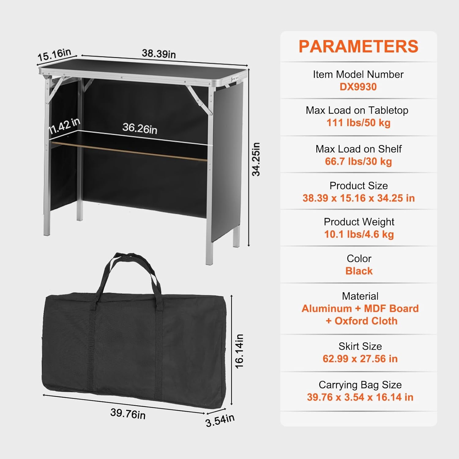 Folding Portable Bar Table, Tradeshow Podium Table for Indoor, Outdoor, Party, Picnic, Exhibition, Includes Carrying Case, Storage Shelf and Black Skirt, 38.39" X 15.16" X 34.25"