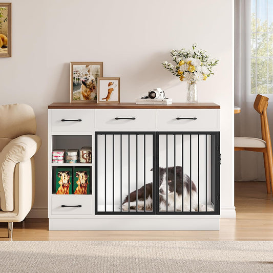 Dog Crate with Hidden Feeder Bowl & 3 Storage Drawers - 47.2" Wooden Dog Cage Indoor with Adjustable Shelf, 2 Doors Dog Kennel Furniture for Medium & Small Dogs, Multi-Functional Pet End Table
