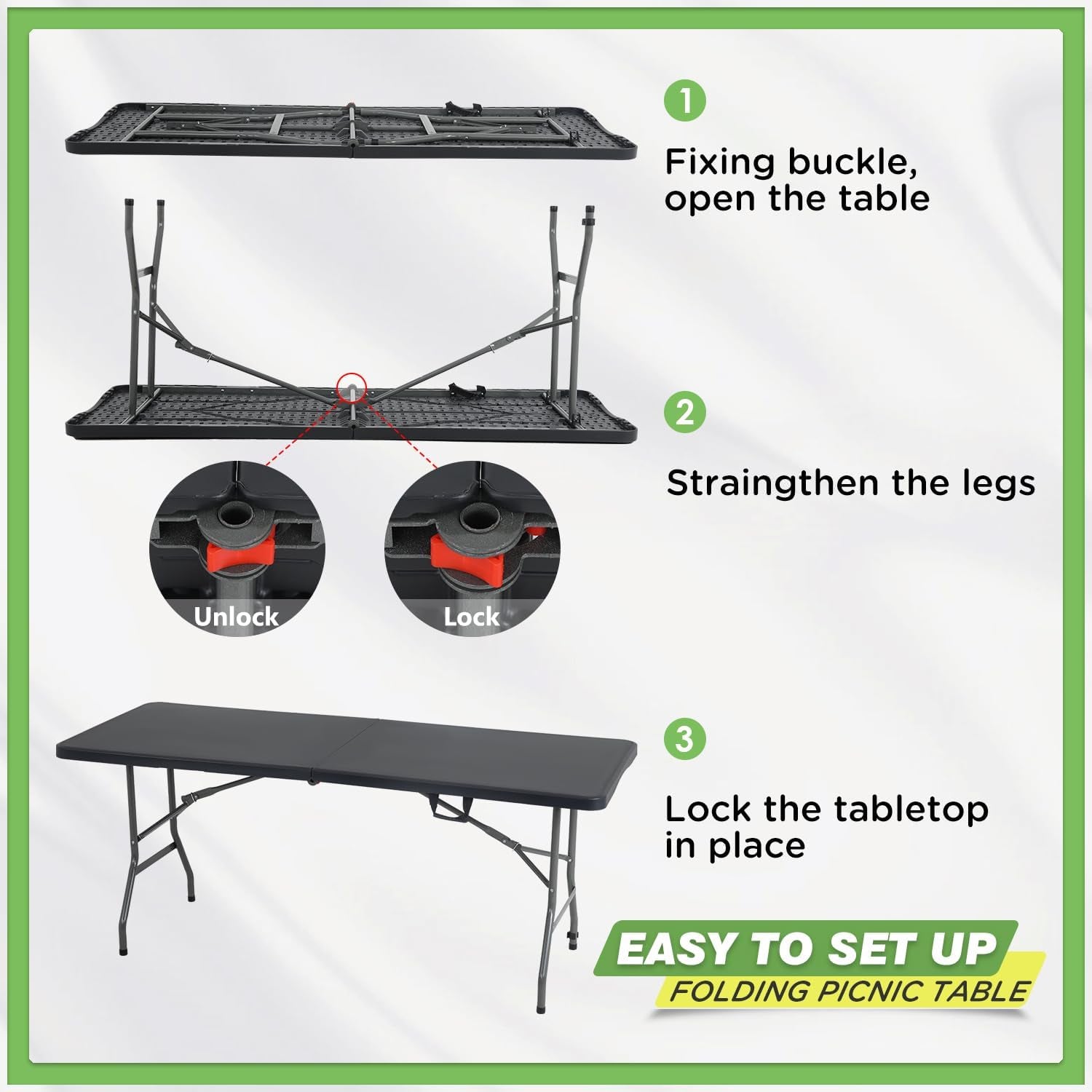 Outdoor Folding Camping Table Plastic Table Portable Square Height Dining Table Perfect for Picnics,Parties,Party and Camping,Black