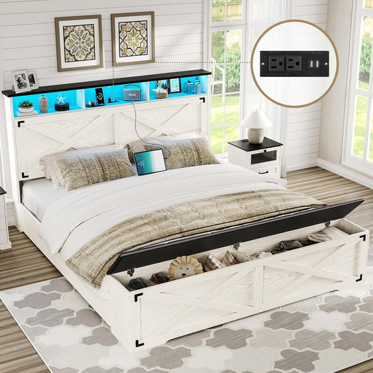 Farmhouse Queen Bed Frame with Storage Headboard, Charging Station and LED Lights Queen Size Platform Bed Frame with Storage Ottoman, Metal Slats Support, No Box Spring Needed, Antique White