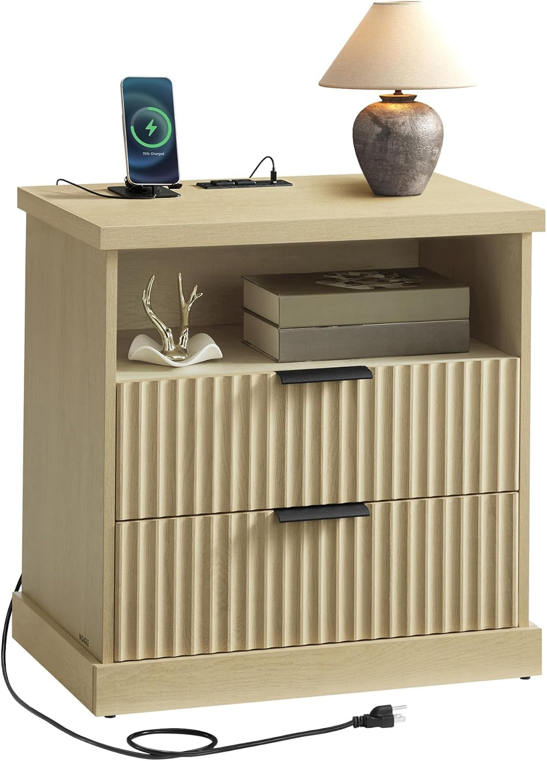 MAXE Collection - Nightstand with Charging Station, Bedside Table, Side End Table with 2 Drawers, Open Shelf, 2 AC Outlets, 2 USB Ports, Transitional, for Bedroom, Oak Beige ULET626Y01S