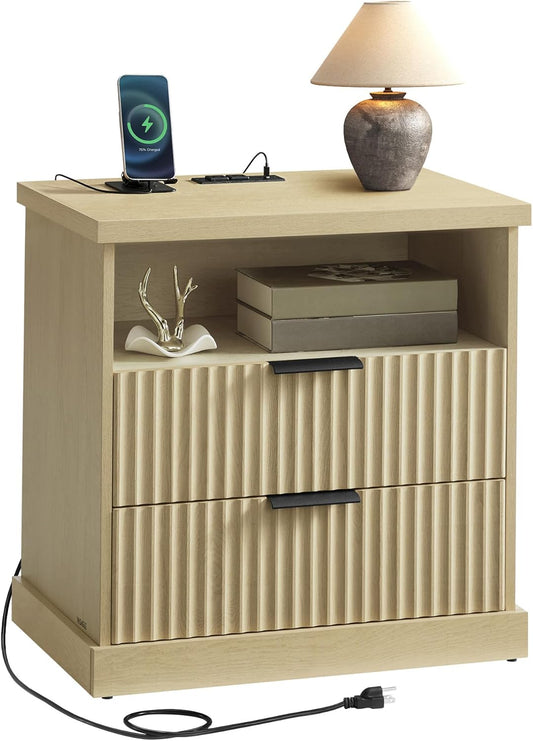 MAXE Collection - Nightstand with Charging Station, Bedside Table, Side End Table with 2 Drawers, Open Shelf, 2 AC Outlets, 2 USB Ports, Transitional, for Bedroom, Oak Beige ULET626Y01S