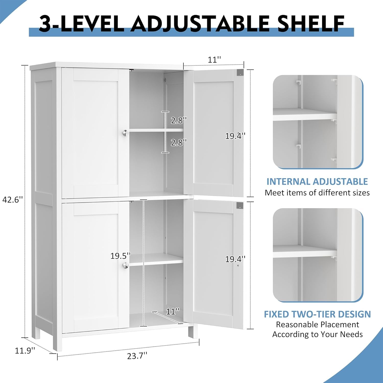 Bathroom Storage Cabinet with Doors and Shelves, Floor Cabinets for Washroom Furniture, Laundry Room, Organization with Adjustable Shelf, White