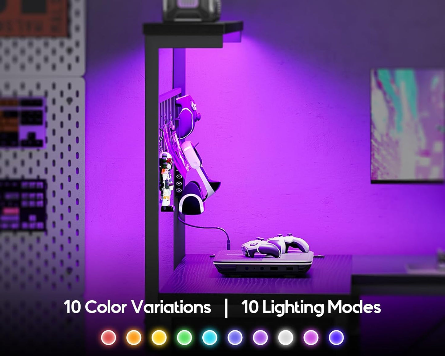 L Shaped Gaming Desk with Shelf & 4 Drawers, 43" Reversible Computer Desk with LED Light, Home Office Table with Hutch and Hook, Black