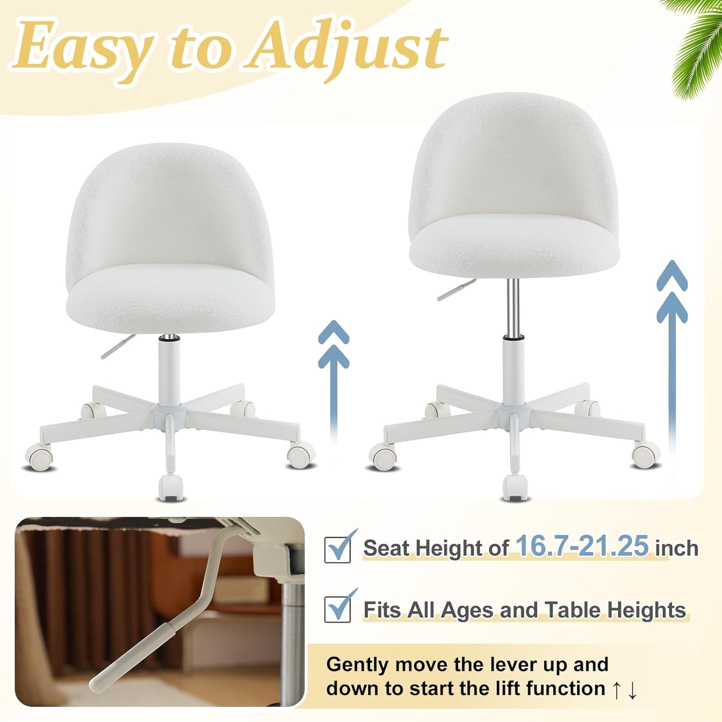 Modern Vanity Chair with Back, Velvet Desk Chair for Girls, Small Office Chair with Silent Wheels， Stylish and Comfortable, White