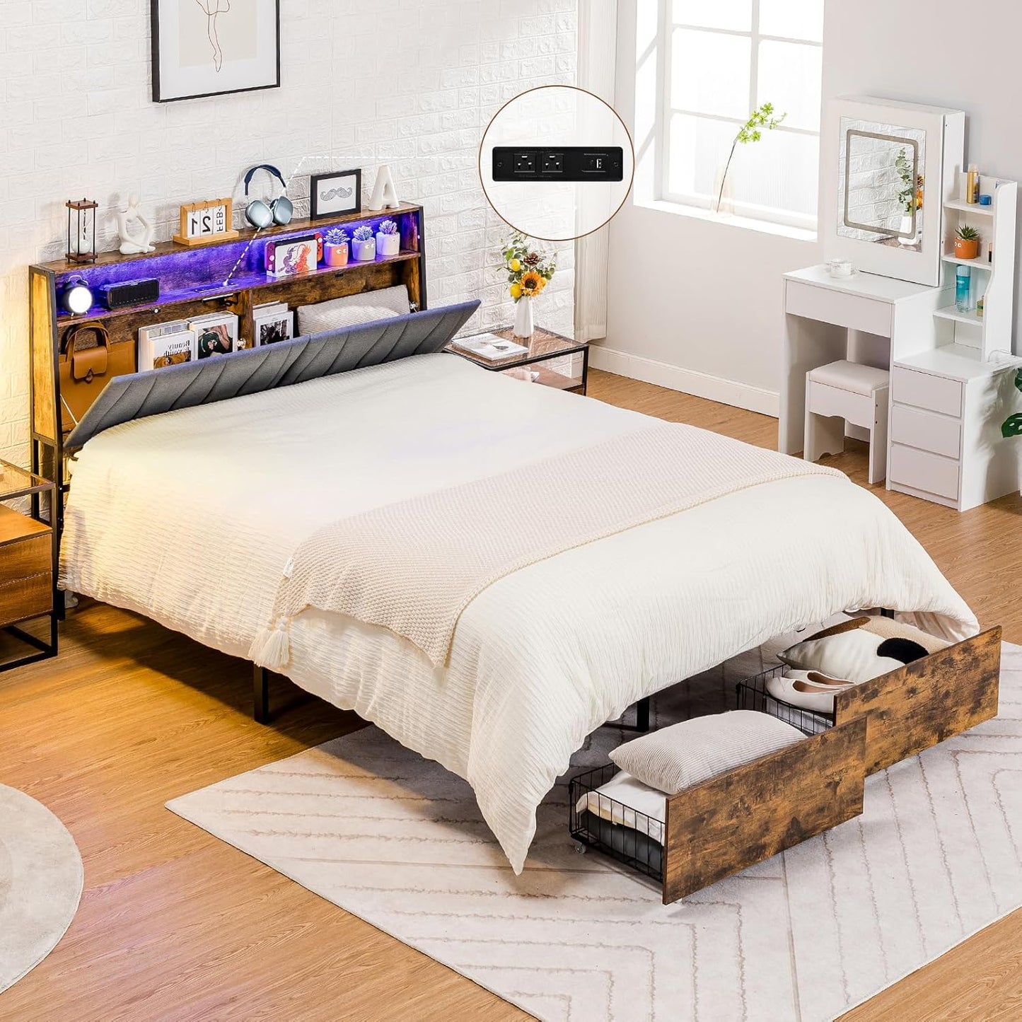 Queen Size Platform Bed Frame with LED Lights and Charging Station, Storage Headboard and Footboard Drawers, No Box Spring Needed, Rustic Wood Look